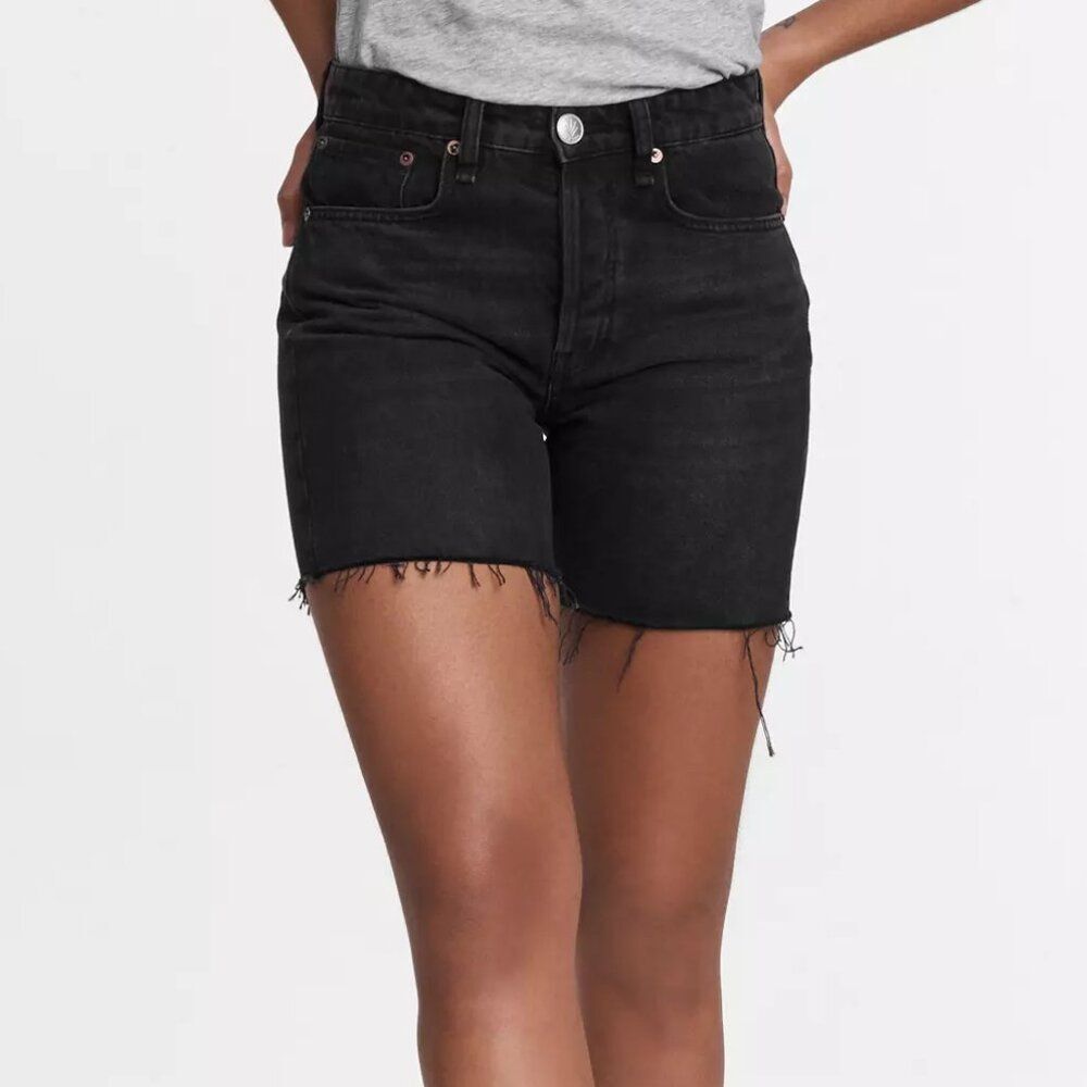 Rag & Bone Maya High Rise Midi Shorts Size 24 Black Raw Hem Button Fly Highland